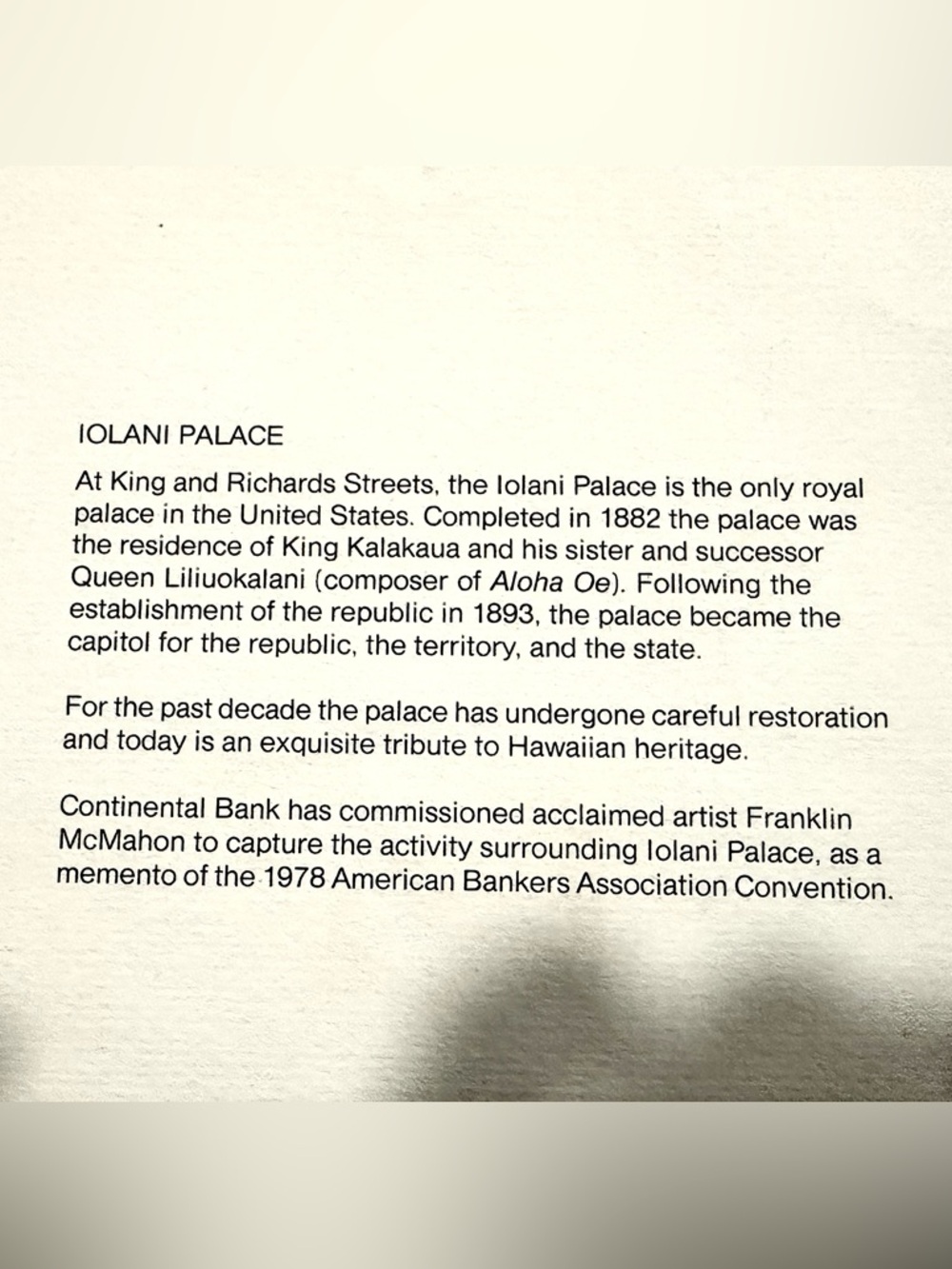 Iolani Palace Historic Pavilion Art Lithograph by Franklin McMahon 1978 20”X16” - Picture 8 of 13